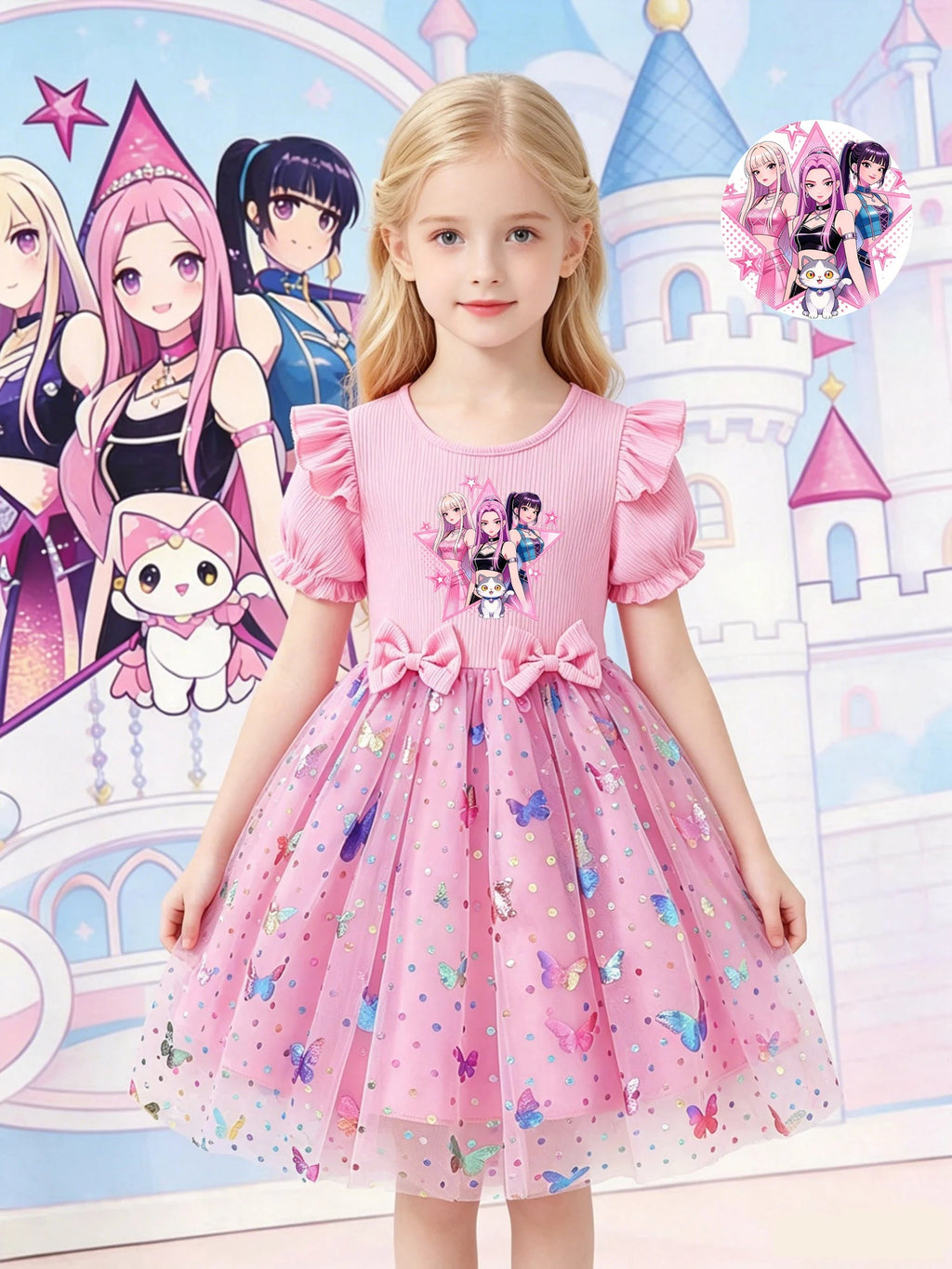 Dreamy Style Kids Princess Dress, Purple, K-POP Cartoon Print + Colorful Dot Butterfly Sequin Elements TechVisio