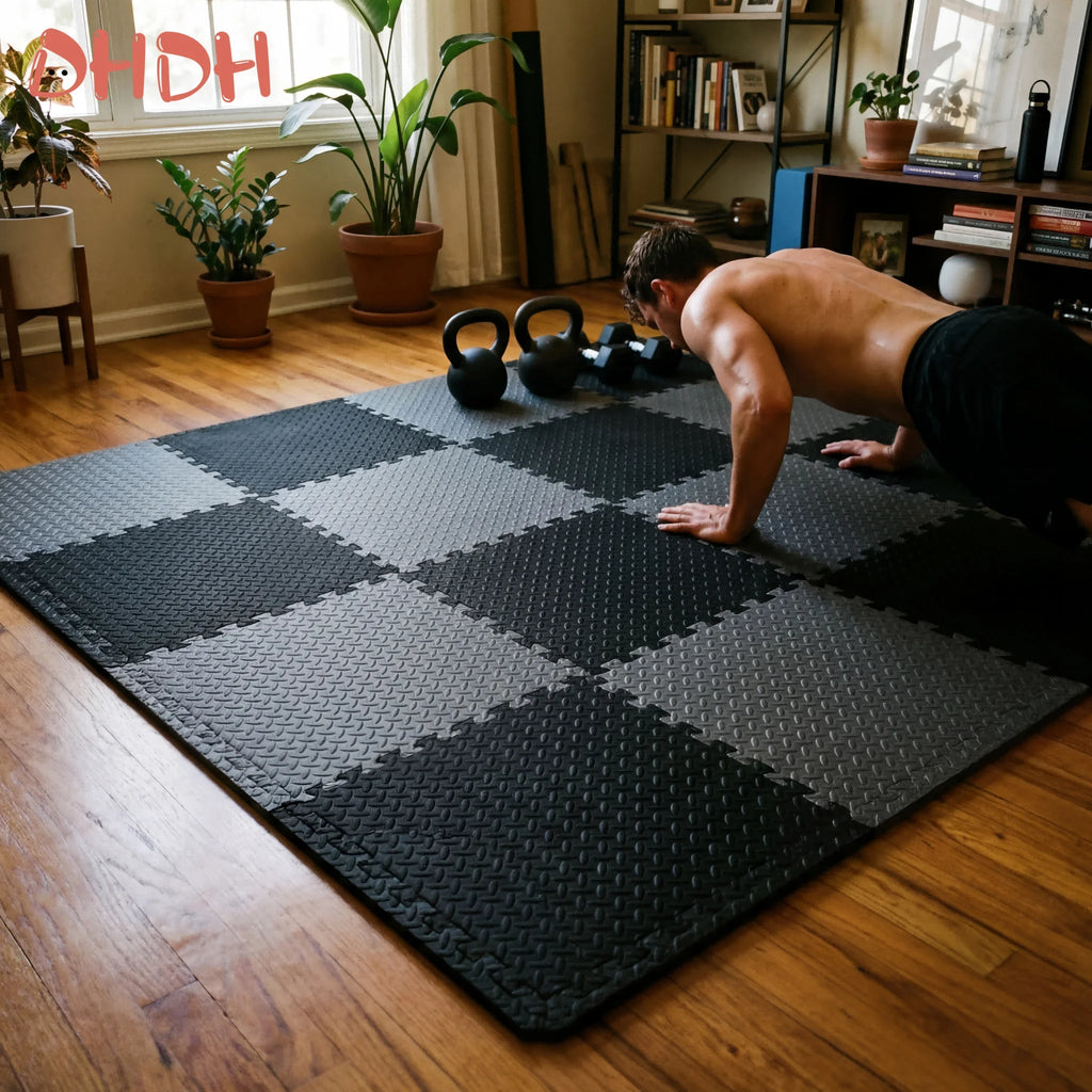 Gym Floor Mat for Home Workout Anti-Slip Rubber Exercise Mat with Interlocking Design, Durable Fitness Rug Weightlifting & Yoga TechVisio