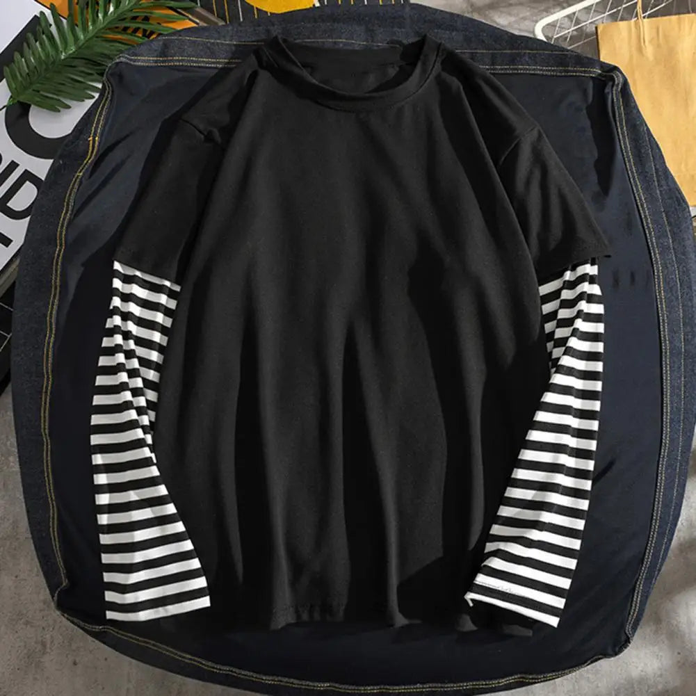 Fake Two Piece Long Sleeve T-shirt Men European And American Round Neck Striped Casual Long Sleeved T-shirt Breathable Men Tee TechVisio