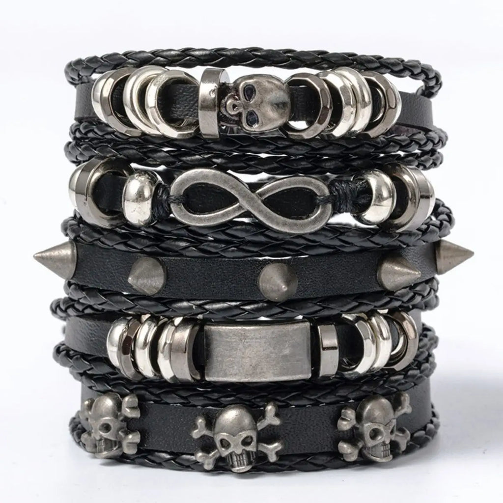 Set 5 Bracelets Punk Cuir Tressés – Style Vintage Unisexe
