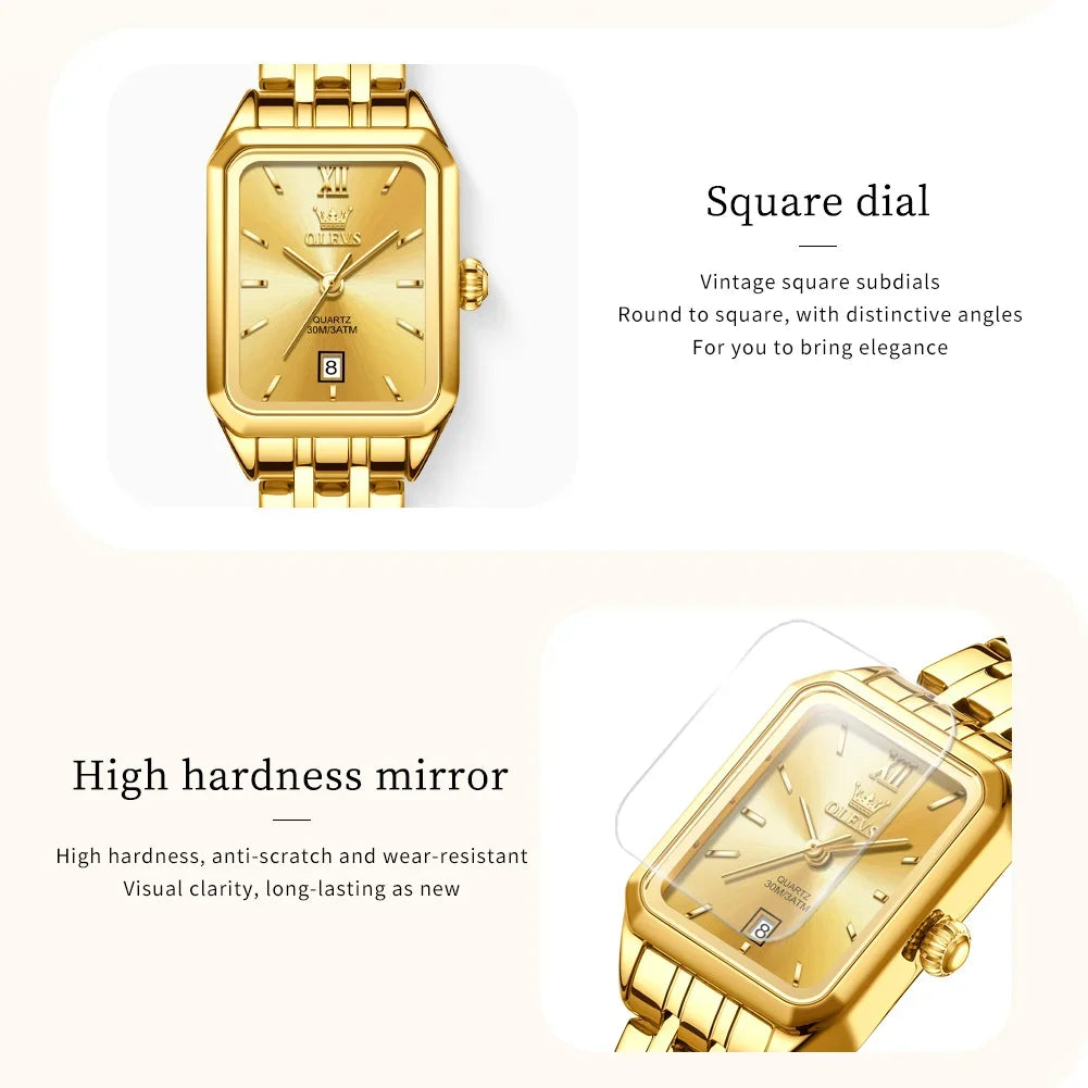 OLEVS Quartz Women's Watches Stainless Steel Square Small Gold Watch for Women Waterproof Auto Date Elegant Ladies Wristwatches TechVisio