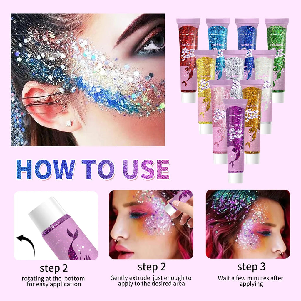 10 piece body glitter gel, carnival face glitter cosmetics suitable for women, shiny thick hair glitter, carnival accessories fo TechVisio