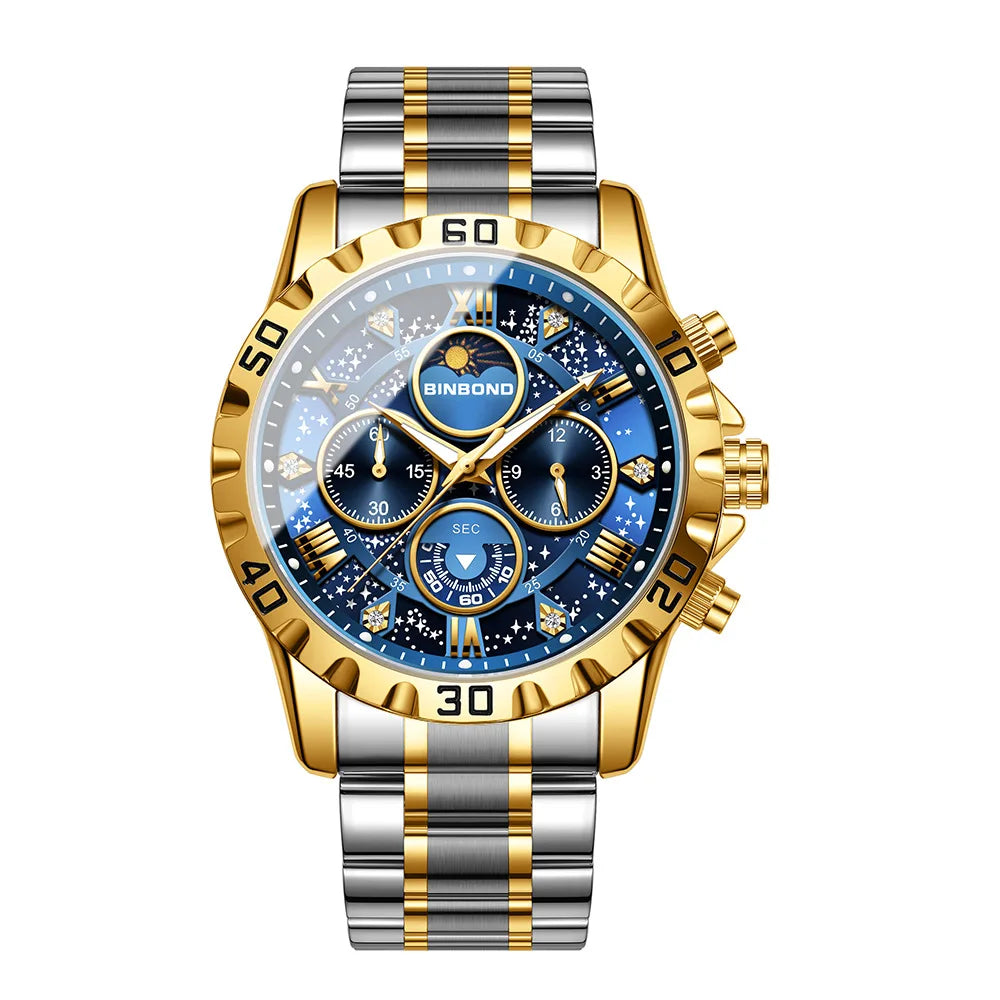 2026 Men Watch Light Luxury Business Steel Belt Moonphase Starry Night Light Waterproof Men's Fashion Quartz Clock Watches Gift TechVisio
