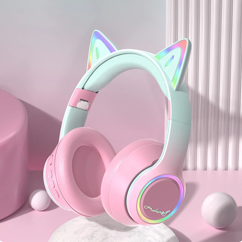 Casque Bluetooth Oreilles de Chat RGB – LED, Micro, Pliable, 4 Coloris