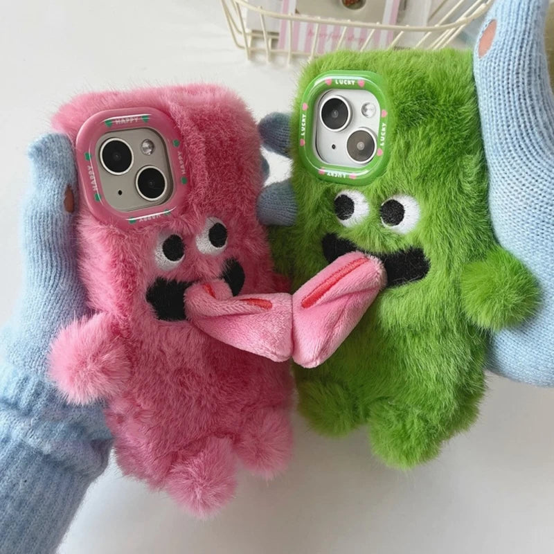 INS Couple Fur Monster Kiss Tongue Case For iPhone 17 16 15 14 13 12 Pro Max Korea Cute Cartoon Gift Anti-Drop Soft Back Cover TechVisio