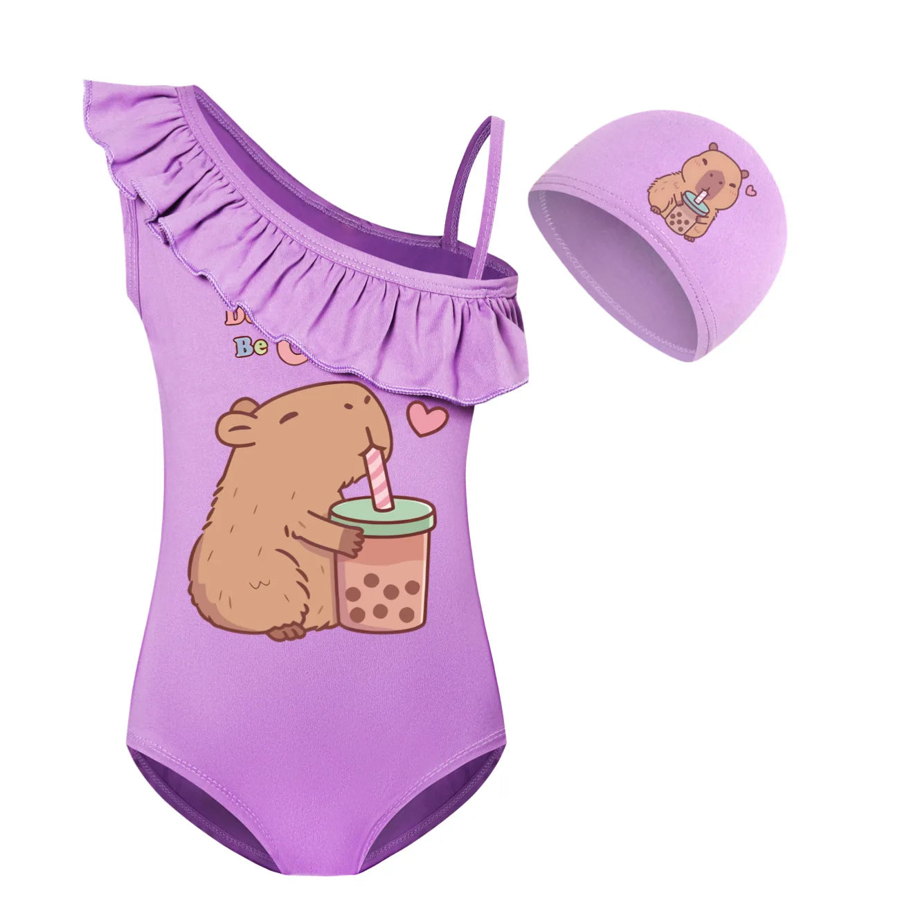 Cute Capybara Loves Bubble Tea Clothes Kids Summer Swimwear Baby Girls Once Piece Swimsuit & Cap Children Vacation Bikini suits TechVisio