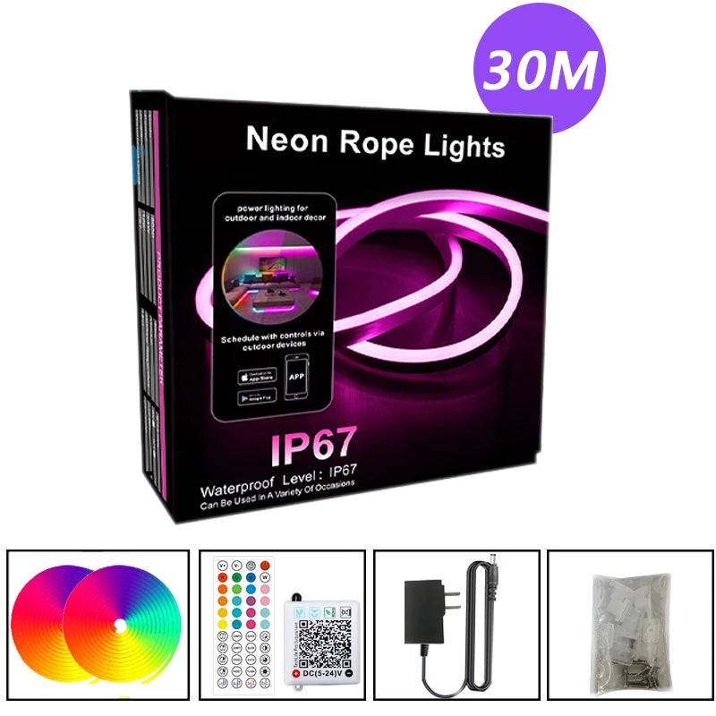 Bluetooth RGB Neon LED Strip 24V – IP67 | 5M-30M | Music Sync | Indoor/Outdoor