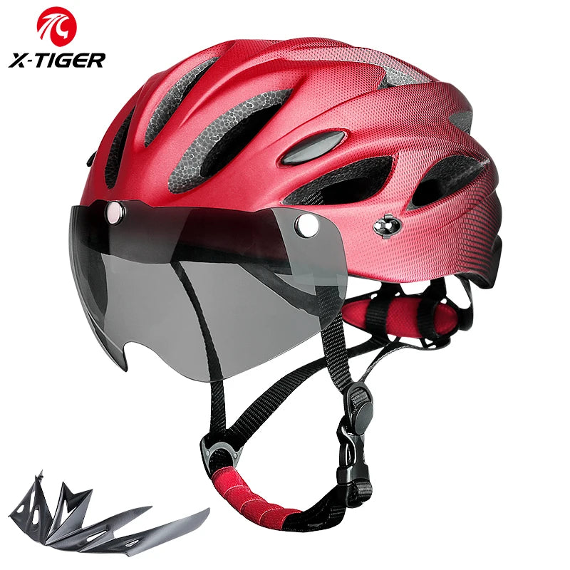 X-TIGER Adult Bike Helmet with LED Rear Light Dual Mode Goggle Cycling Helmet Fit 58-62cm Lightweight Breathable Bicycle Helmets TechVisio
