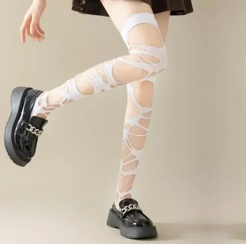 Punk Hollow Fishnet Stockings for Women Spider Web Torn Strap Holes Tights Girls Lolita Ragged Pantyhose Party Socks Pantyhose TechVisio