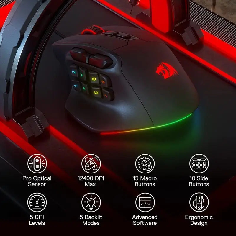 Redragon M811 Aatrox – 15-Button RGB MMO Gaming Mouse 12400 DPI