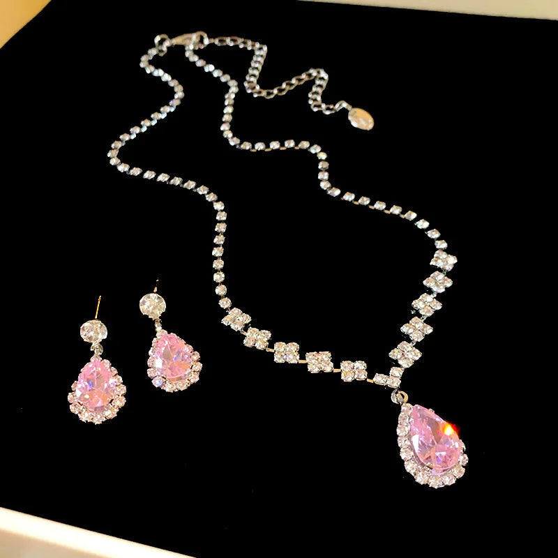 Shiny Crystal Necklace Earrings Women's Fashion Big Water Droplet Rhinestone Necklaces Wedding Evening Dress Jewelry Set TechVisio