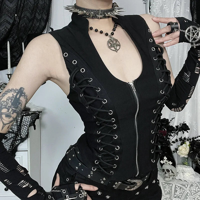 Goth Dark Punk Sleeveless Corn Bandage Tanks Top Women Chic Streetwear Slim Zip Vest Mall Gothic Techwear Summer Fashion T-shirt TechVisio