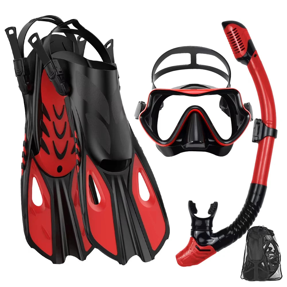 Mask Snorkel Fin Set Panoramic View Snorkel Mask Adjustable Dive Flipper Dry Top Snorkel and Travel Bag Snorkel Gear for Adults TechVisio
