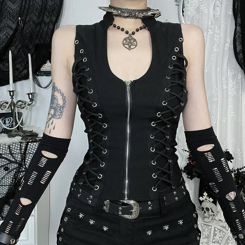 Goth Dark Punk Sleeveless Corn Bandage Tanks Top Women Chic Streetwear Slim Zip Vest Mall Gothic Techwear Summer Fashion T-shirt TechVisio