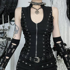 Goth Dark Punk Sleeveless Corn Bandage Tanks Top Women Chic Streetwear Slim Zip Vest Mall Gothic Techwear Summer Fashion T-shirt TechVisio