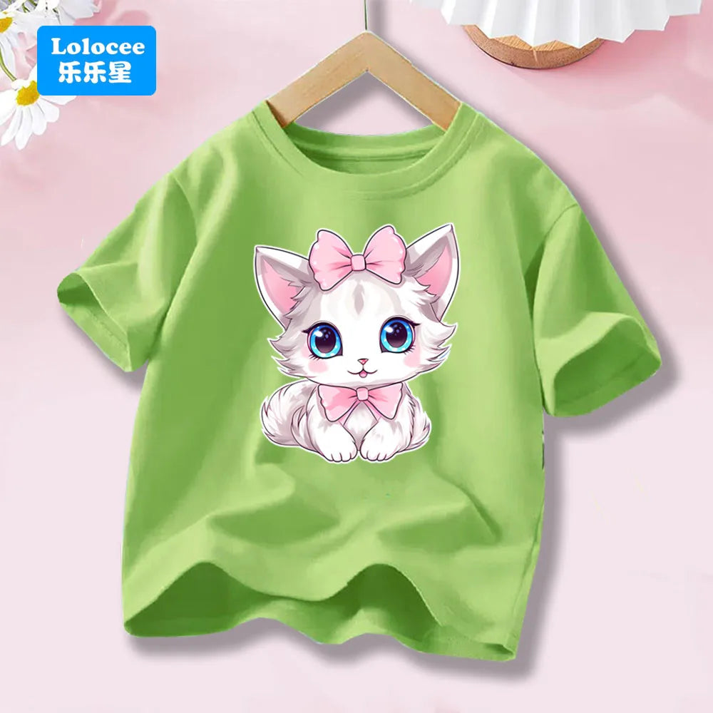 Cute Cat with Bow Print Girls T Shirt Kids Summer Short Sleeve Cotton T-shirt Kawaii Top Tee for Baby Girl 3-14y MM1 TechVisio