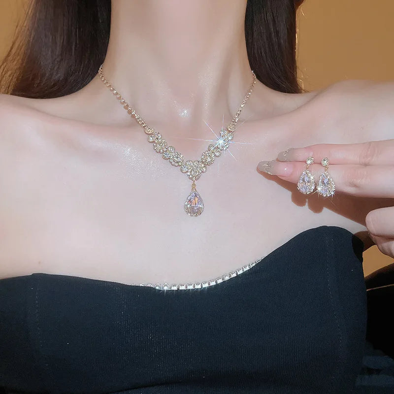 Shiny Crystal Necklace Earrings Women's Fashion Big Water Droplet Rhinestone Necklaces Wedding Evening Dress Jewelry Set TechVisio