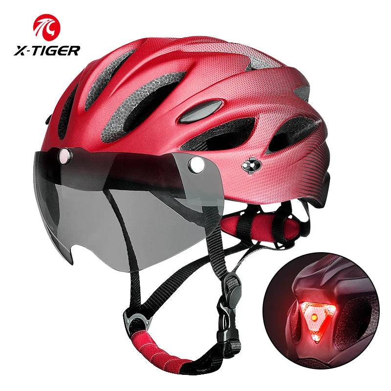 X-TIGER Adult Bike Helmet with LED Rear Light Dual Mode Goggle Cycling Helmet Fit 58-62cm Lightweight Breathable Bicycle Helmets TechVisio