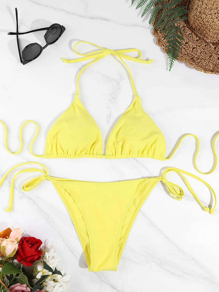 2 Pc Sexy Women Thong Solid Color Bikini Set Side Halter Tie Swimsuit Ladies Split Strap Adjustable Brazilian Swimwear Beachwear TechVisio