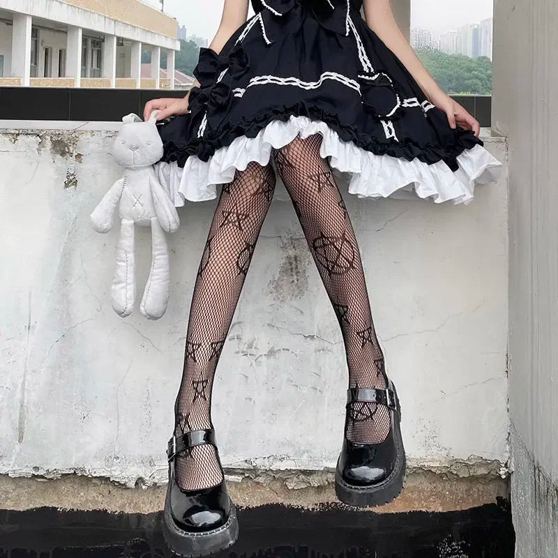 Lolita Girls Cute Pentacle Print Tights Women Sexy Gothic Punk Magical Five-Pointed Star Mesh Fish Net Pantyhose Body Stockings TechVisio