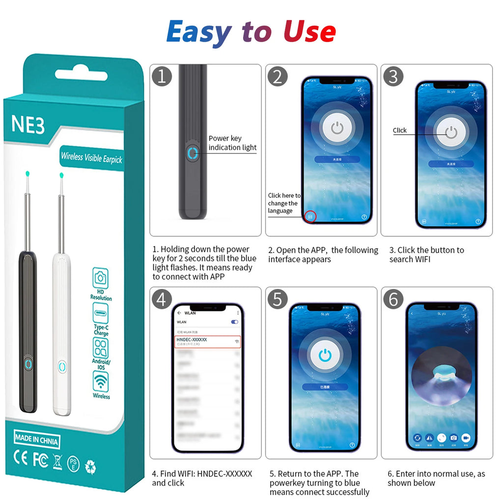 Nettoyeur d'Oreilles Visuel Connecté 1080P – WiFi, IP67, USB-C, Kit Complet