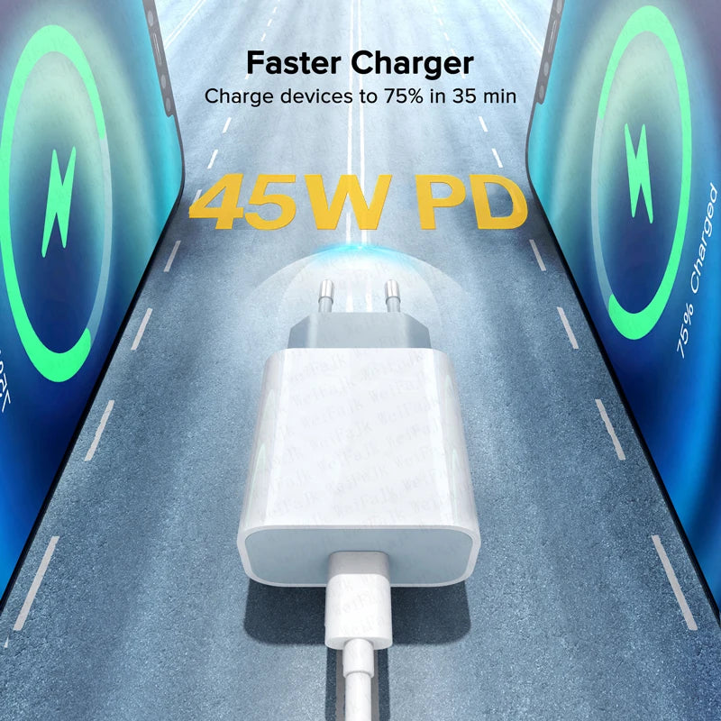 Câble & Chargeur USB-C Rapide 45W – Compatible iPhone 17→11, Samsung, Xiaomi | GaN PD QC