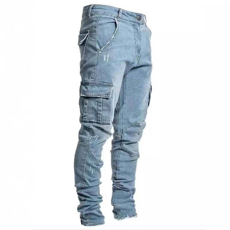Men Street Elastic Denim Jeans Wash Solid Color Multi Pockets Cargo Pants Casual Slim Fit Daily Wear Joggers Mid Waist Trousers TechVisio