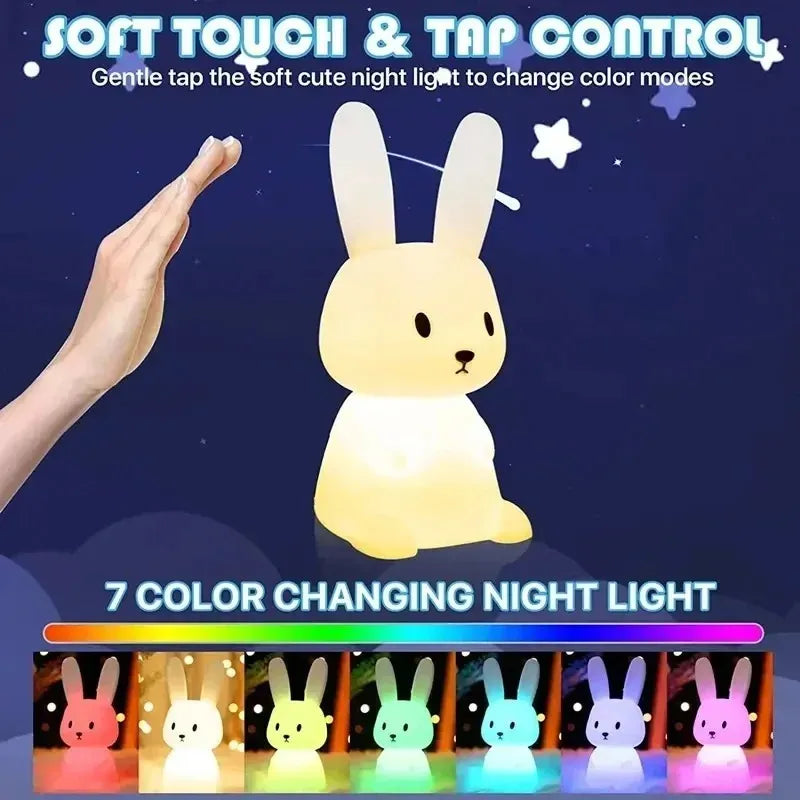 ggbingo Silicone Rabbit LED Night Light – Touch-Sensitive, 7 Colors, 1200mAh Battery, Kids' Room Decor