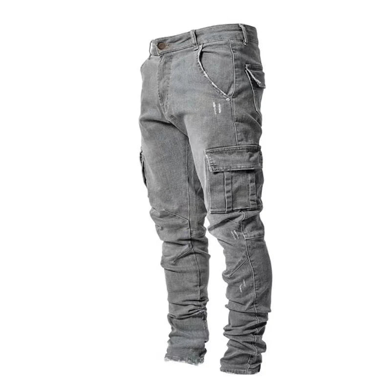 Men Street Elastic Denim Jeans Wash Solid Color Multi Pockets Cargo Pants Casual Slim Fit Daily Wear Joggers Mid Waist Trousers TechVisio