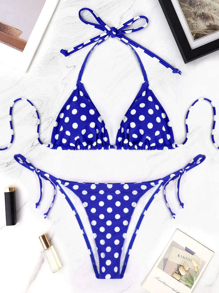 2 Pcs/Set Women's Beach Swimsuit Bikini Set Summer Blue And White Polka Dot Pattern Swimsuit Vacation Casual Lady's Bikini Set TechVisio