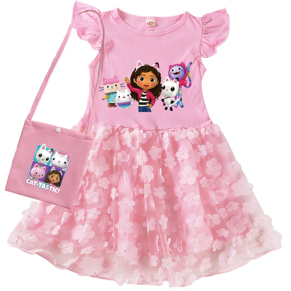Vestidos Gabbys Dollhouse Costume Kids Cartoon Gabby Chat Dress Baby Girls Summer Short Sleeve Casual Dresses and Bag & Headband TechVisio