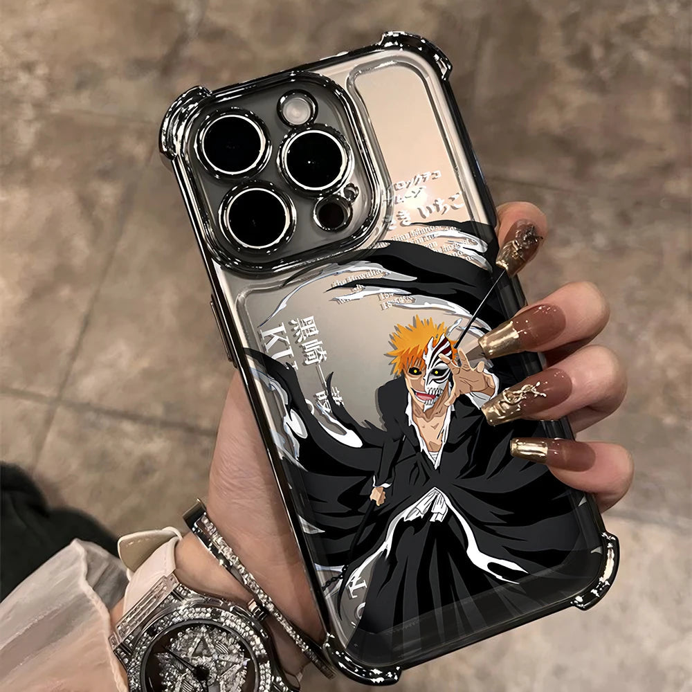 New HotAnime Cool BLEACH Plating Case For iPhone 16 15 14 13 12 11 Pro Max X XR XSMax 7 8 6 Plus Anti-Fall Airabag Back Cover TechVisio