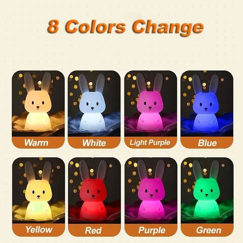ggbingo Silicone Rabbit LED Night Light – Touch-Sensitive, 7 Colors, 1200mAh Battery, Kids' Room Decor