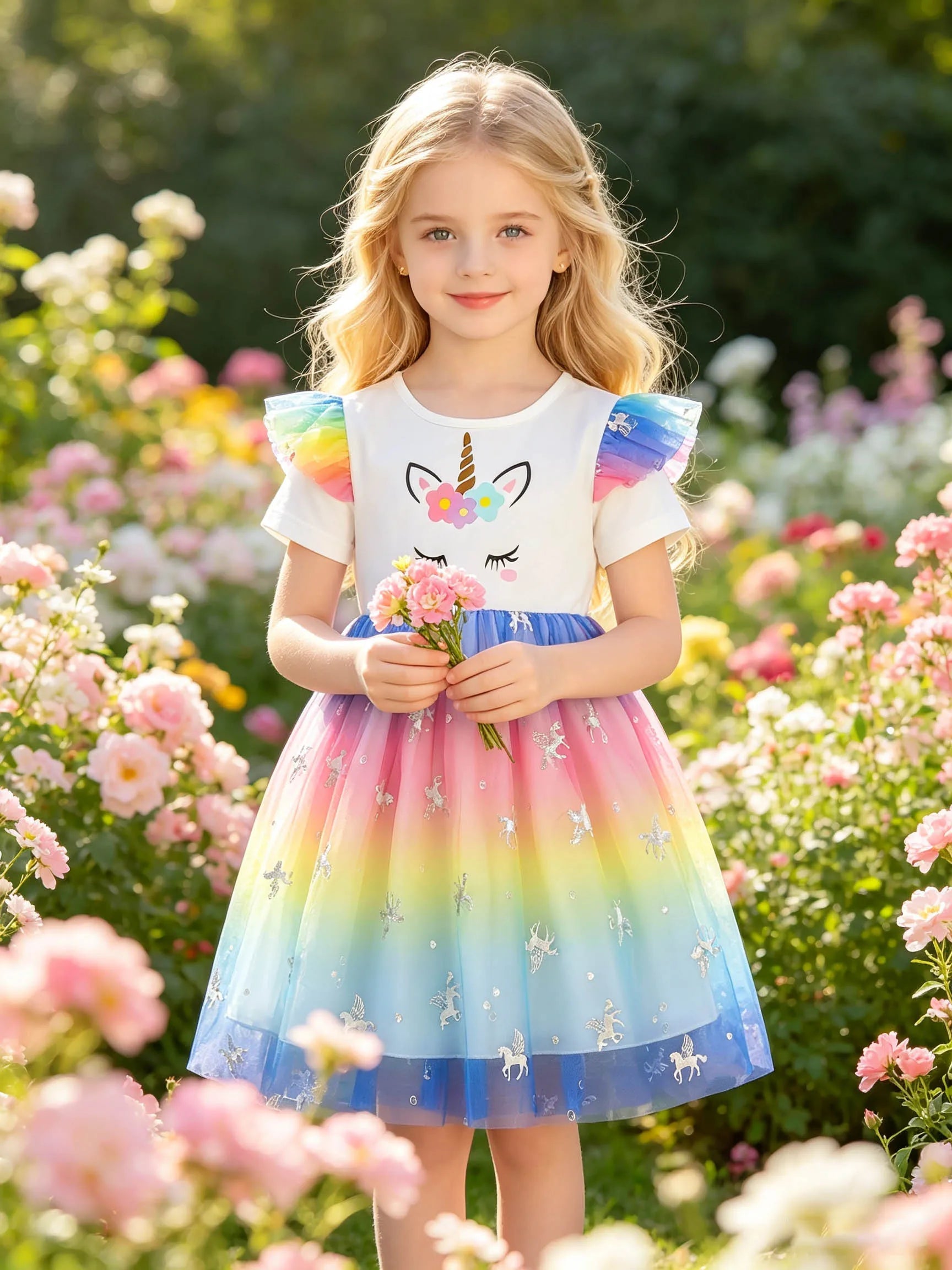Girls' Dress with Flower, Closed-Eye Unicorn, Rainbow Flutter Sleeves, Gradient Colorful Pegasus Sequined Tulle Puffy Princess S TechVisio
