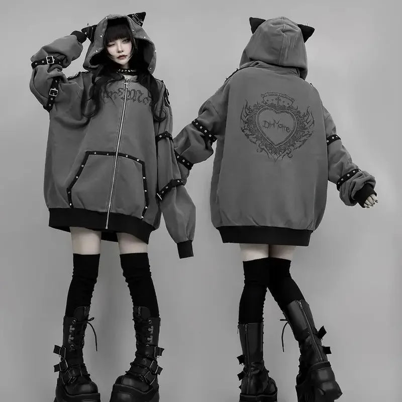 Y2K Women's Zip-Up Hooded Sweatshirt Streetwear Punk Rivet Design Casual Fashion Jacket TechVisio