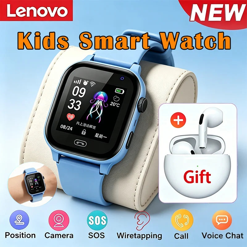 Lenovo 2026 New Kids 5G GPS Smart Watch SOS Video Call Sim Card HD Camera Waterproof Child Watch for Boys Girls Support Earphone TechVisio