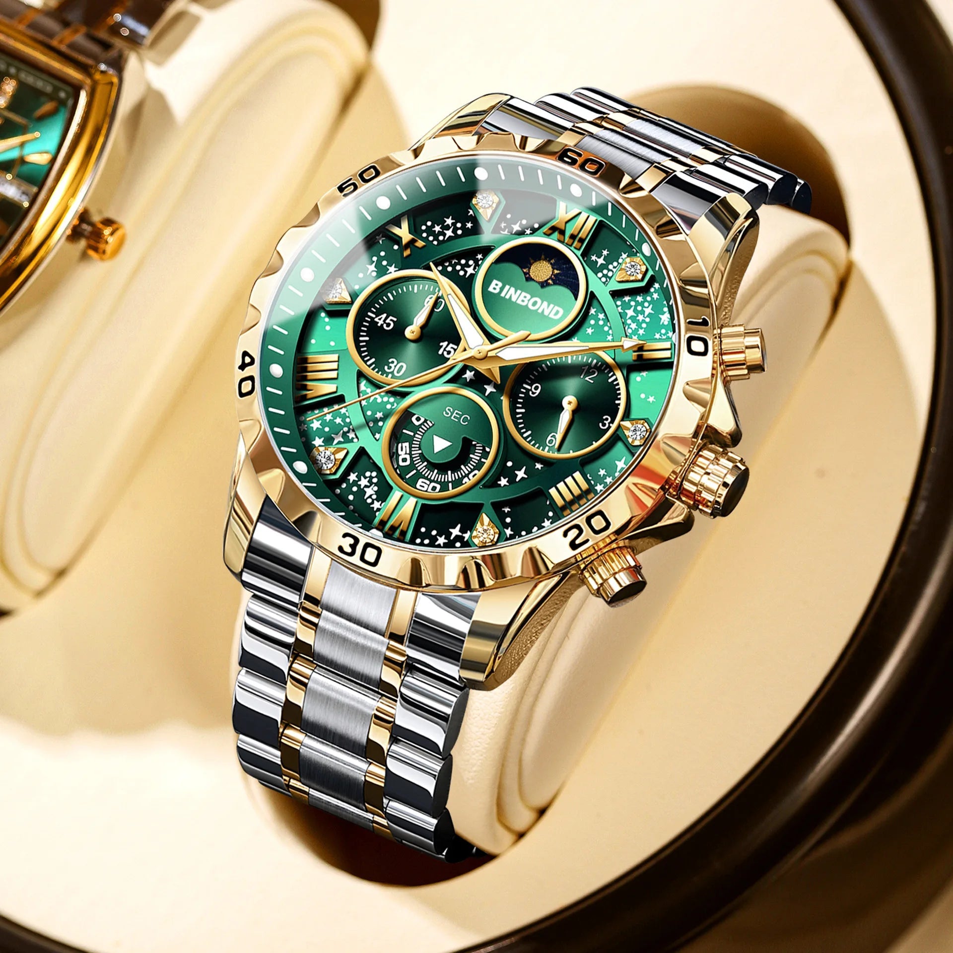 2026 Men Watch Light Luxury Business Steel Belt Moonphase Starry Night Light Waterproof Men's Fashion Quartz Clock Watches Gift TechVisio