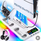 Support PS5 AyeBeauChoice avec ventilateur 3 niveaux, station de charge manettes, hub USB, éclairage RGB pour PS5, PS5 Slim et PS5 Pro.