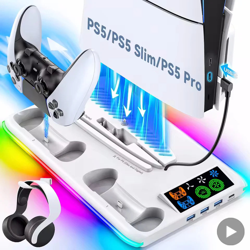 PS5/PS5 Slim/PS5 Pro RGB-Ständer – 3-stufiger Lüfter, Controller-Ladestation, USB-Hub