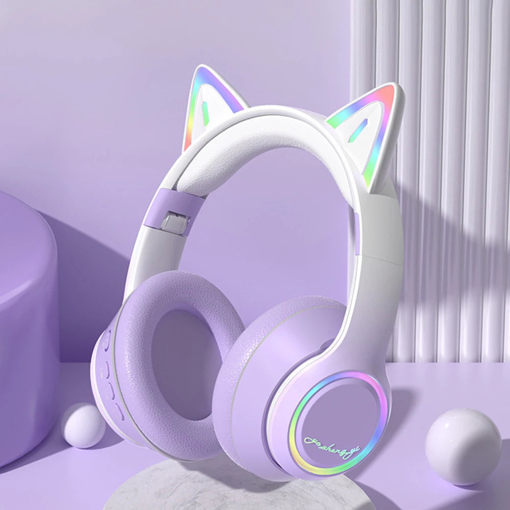 Casque Bluetooth Oreilles de Chat RGB – LED, Micro, Pliable, 4 Coloris