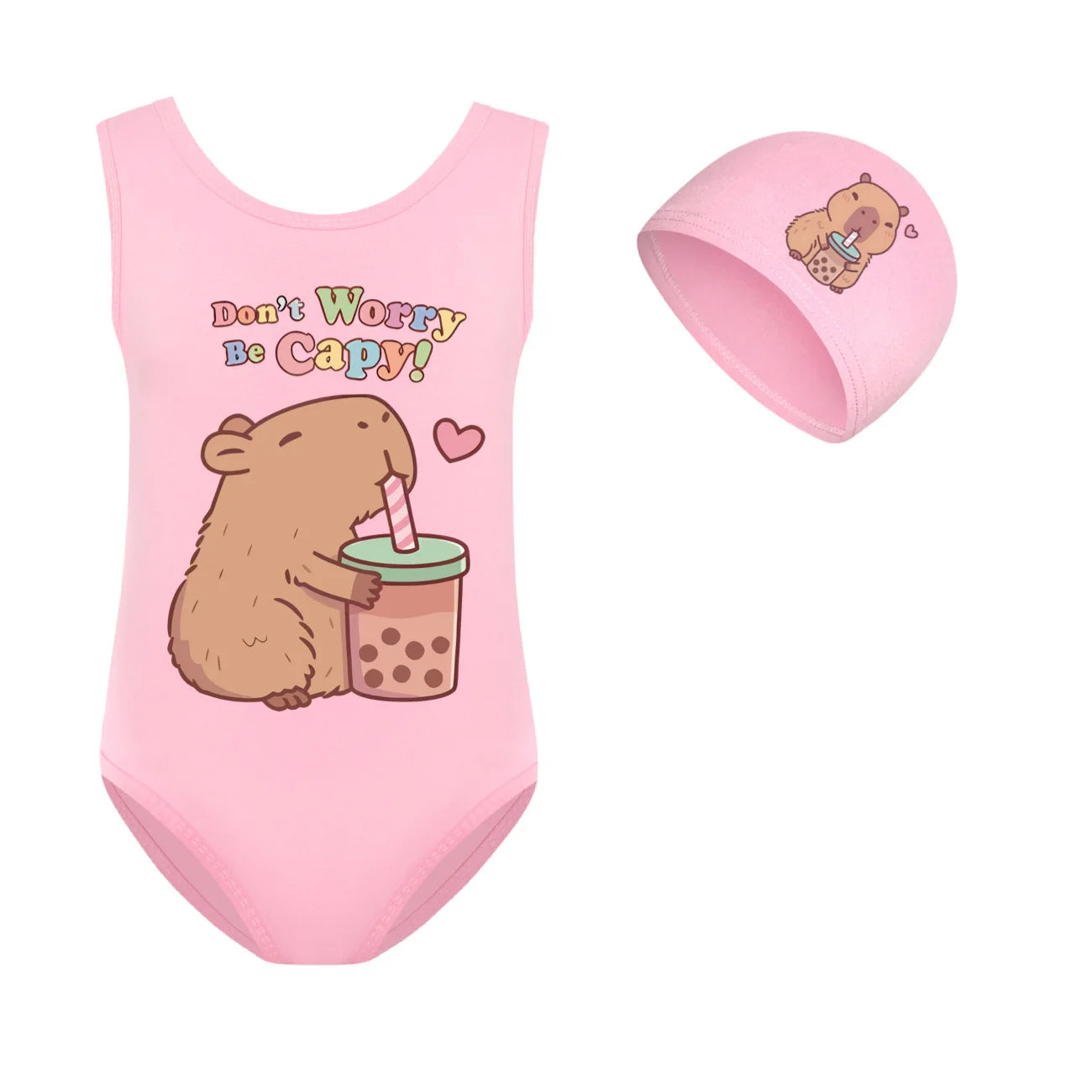 Cute Capybara Loves Bubble Tea Clothes Kids Summer Swimwear Baby Girls Once Piece Swimsuit & Cap Children Vacation Bikini suits TechVisio
