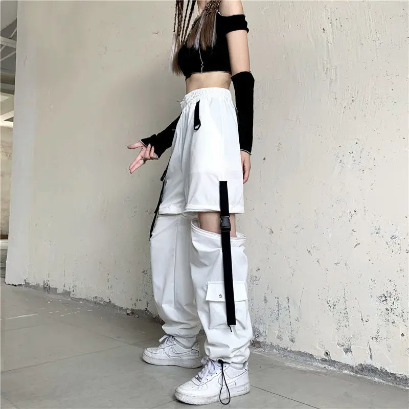 Streetwear Spring Summer Cargo Pants Women Harajuku Slim Punk Ribbons Joggers Elastic Waist Ankle-Length Trousers For Girls TechVisio