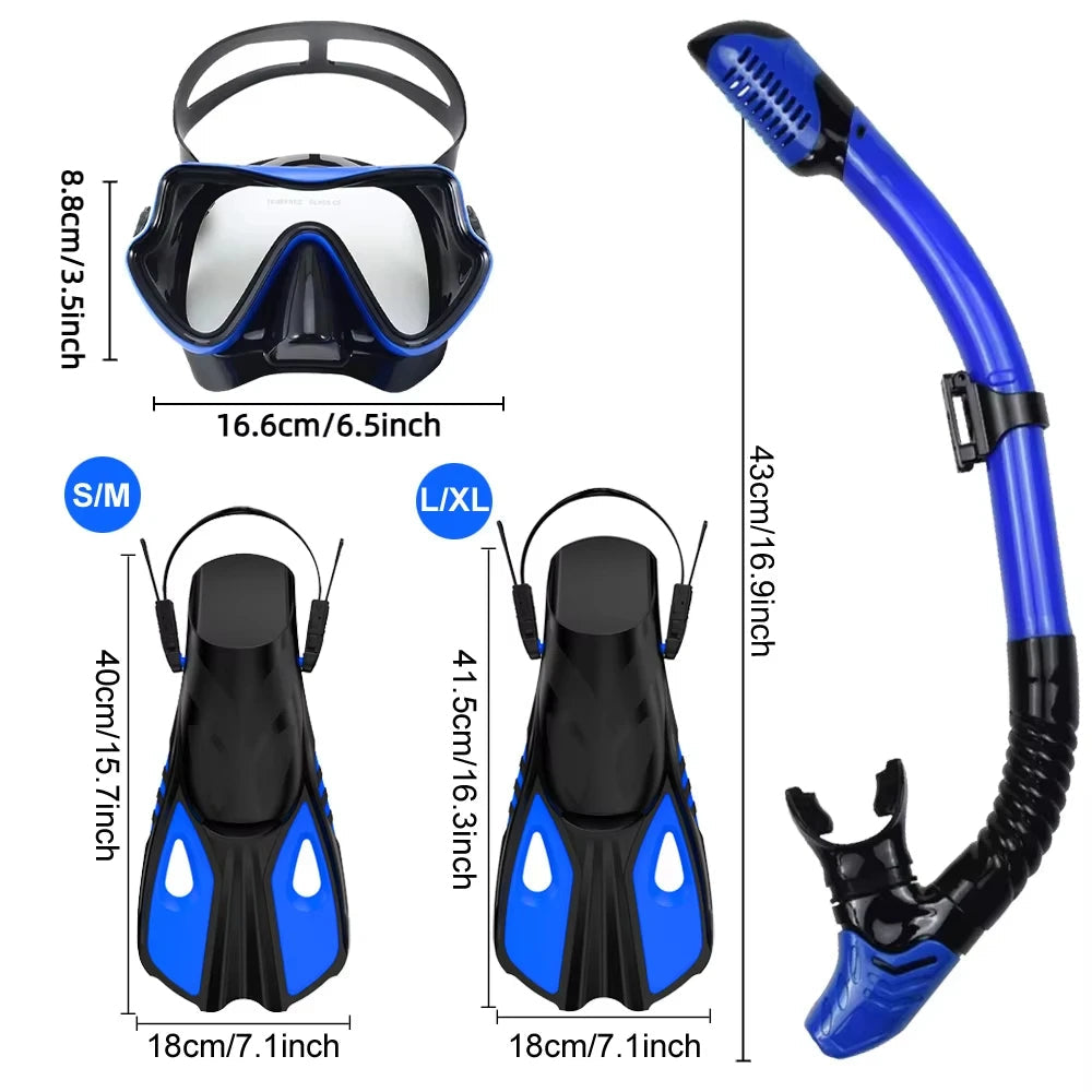 Mask Snorkel Fin Set Panoramic View Snorkel Mask Adjustable Dive Flipper Dry Top Snorkel and Travel Bag Snorkel Gear for Adults TechVisio