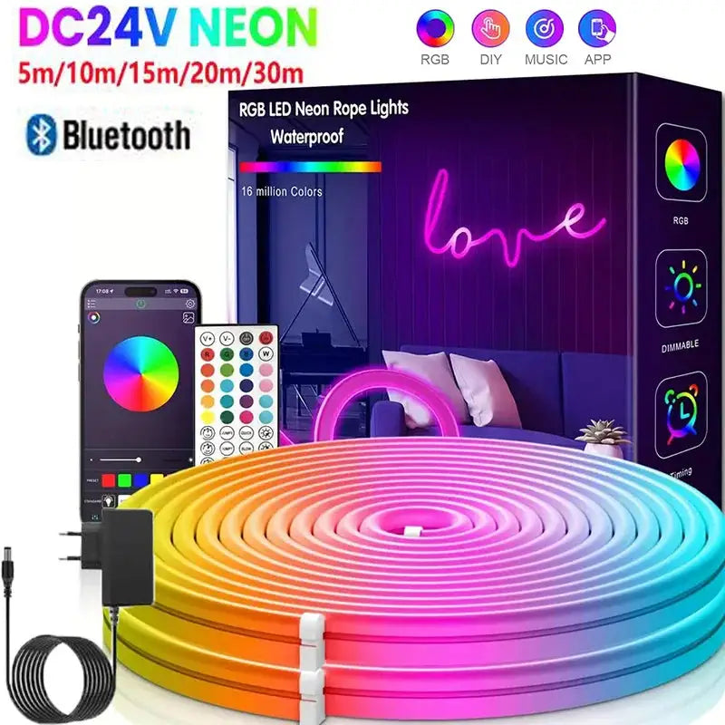 Ruban LED Néon RGB Bluetooth 24V – IP67 | 5M-30M | Sync Musique | Int/Ext TechVisio