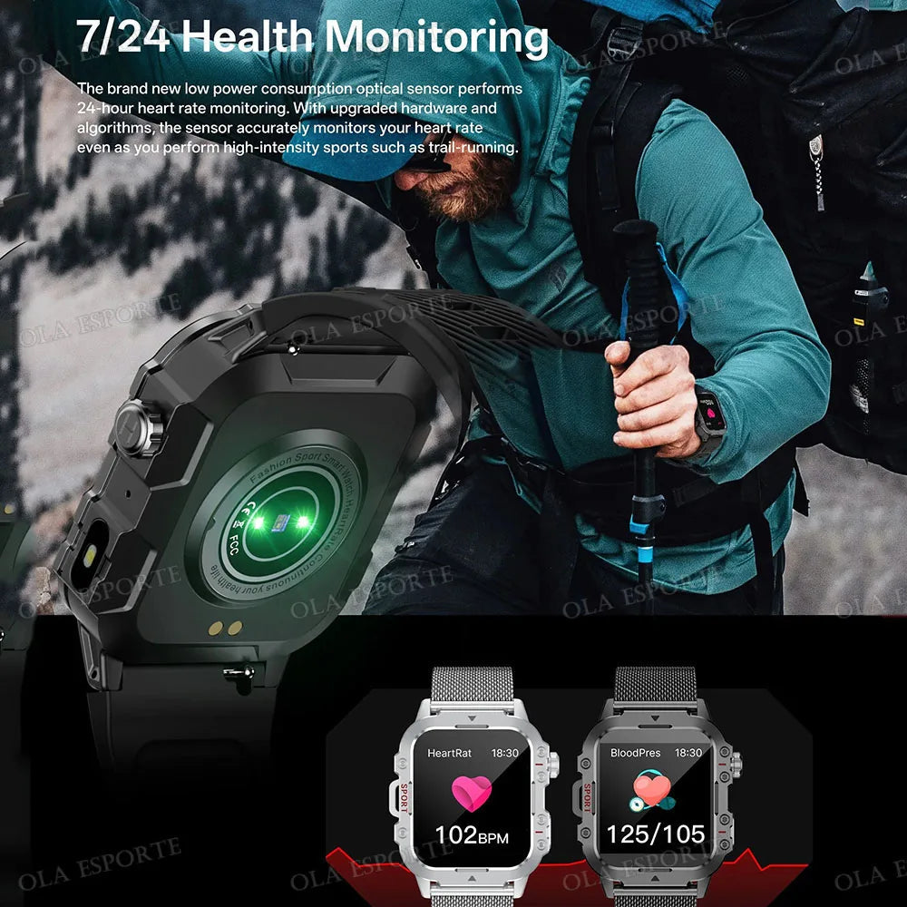 2026 Rugged Military Smart Watch Men's Outdoor Watch LED Flashlight 2.01'' HD Touch Screen Voice Bluetooth Call Smartwatch Gifts TechVisio