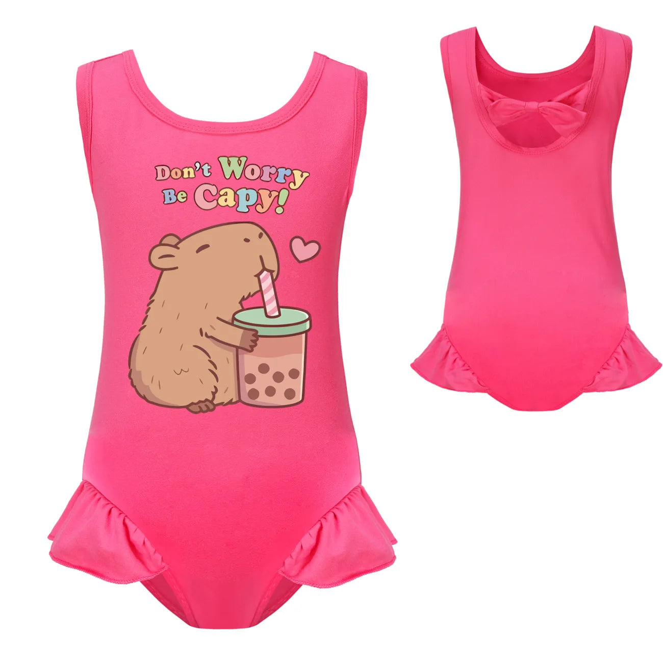 Cute Capybara Loves Bubble Tea Clothes Kids Summer Swimwear Baby Girls Once Piece Swimsuit & Cap Children Vacation Bikini suits TechVisio