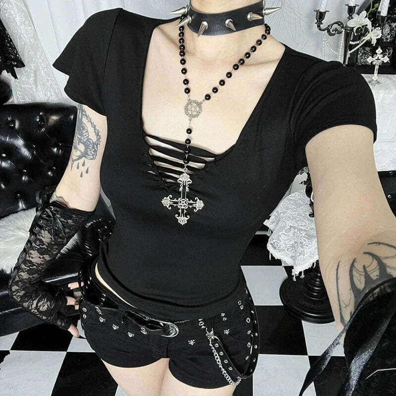 Crop Top Gothique Noir Col V – Style Punk Alt Femme S/M/L Goth Dark