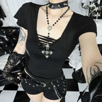 Crop Top Gothique Noir Col V – Style Punk Alt Femme S/M/L Goth Dark