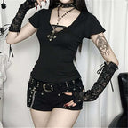 Crop Top Gothique Noir Col V – Style Punk Alt Femme S/M/L Goth Dark