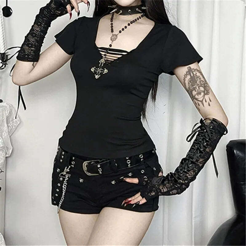 Crop Top Gothique Noir Col V – Style Punk Alt Femme S/M/L Goth Dark